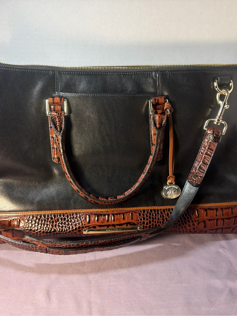NWOT Retired Brahmin Anywhere Weekender Tuscan Collection Black,Brown Croc embos